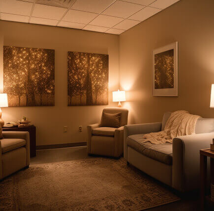 Warmly lit lounge with sofas